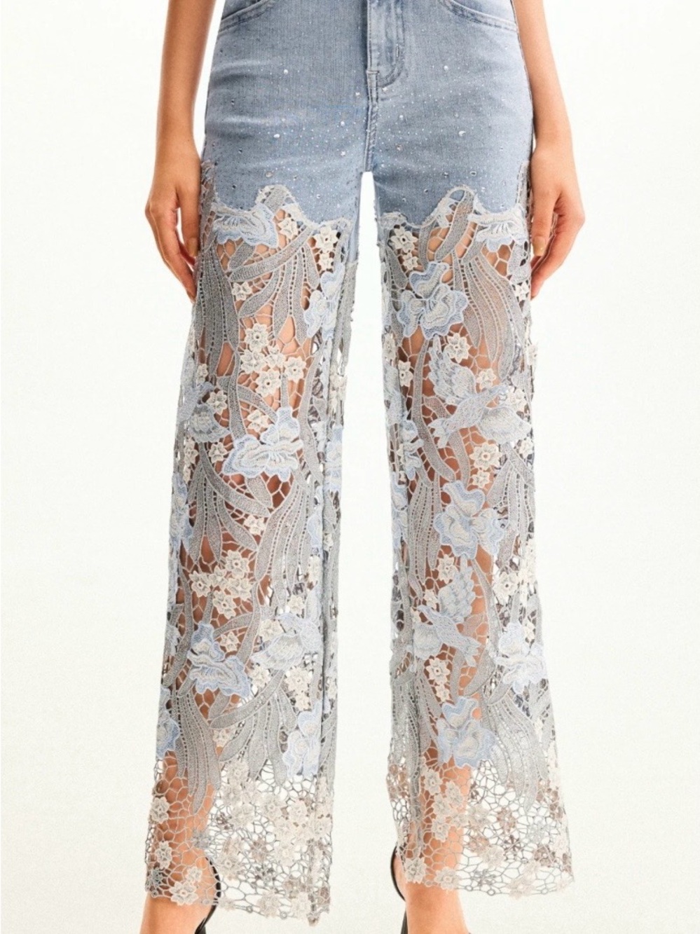 Light Blue Lace-Panel Boot Cut Jeans